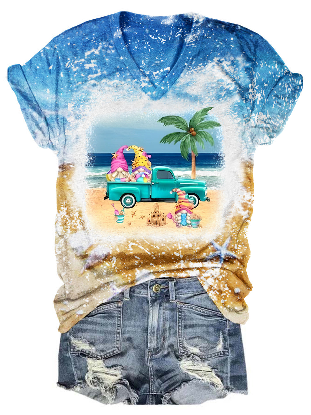 Beach Gnomes Truck Tie Dye V Neck T-shirt