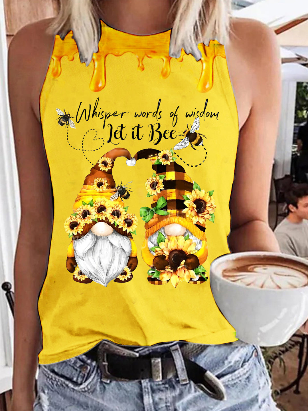 Bee Gnome Print Crew Neck Tank Top