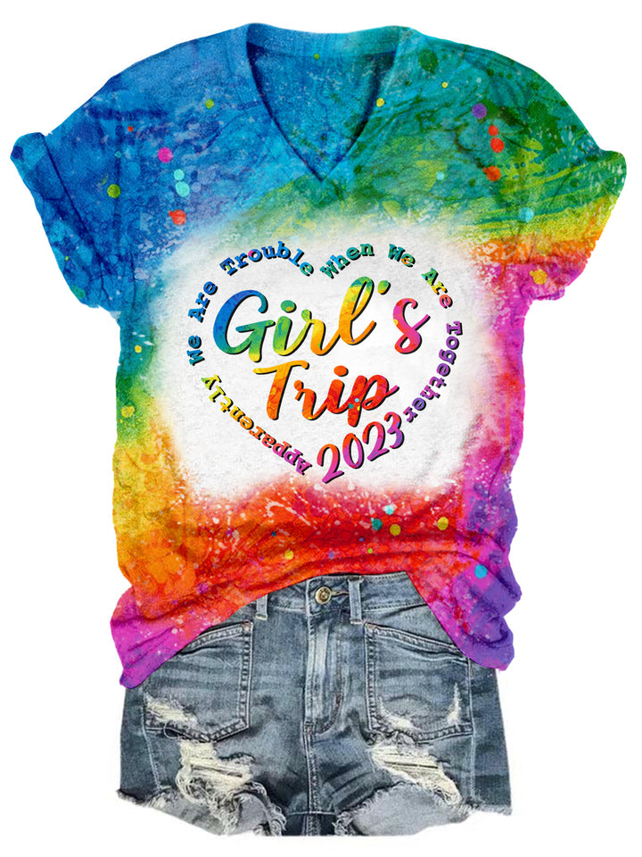 Girls Travel 2023 Tie-Dye Print V-Neck T-Shirt