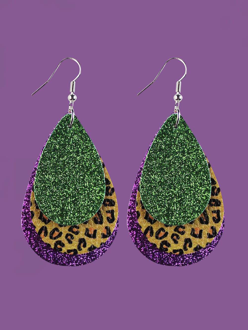 Green Leopard Purple Glitter Earrings