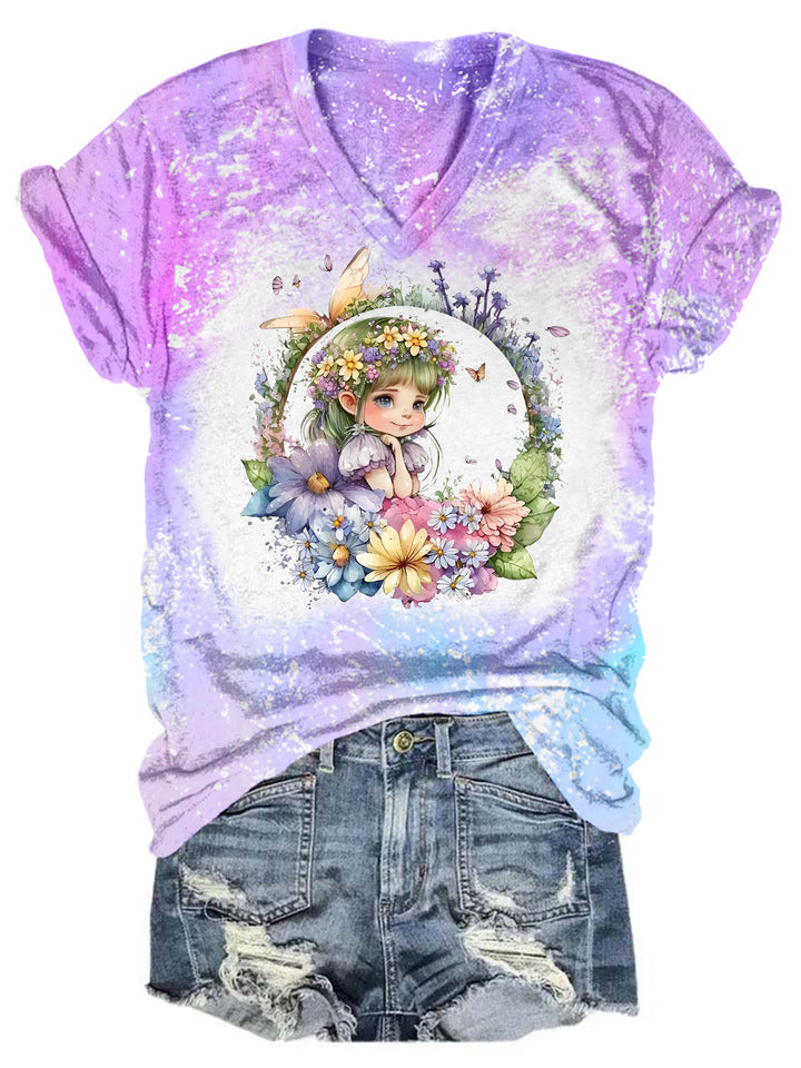 Floral Fairy Tie Dye V Neck T-shirt