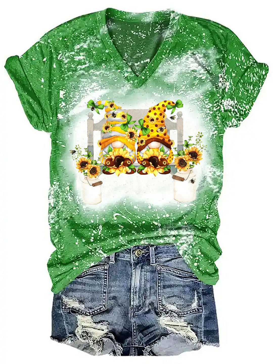 Women's Gnome Sunflower Floral Tie Dye Casual Short Sleeve T-Shirt