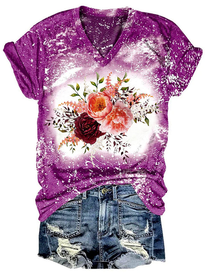 Women's V Neck Floral Print Tie Dye Casual Top