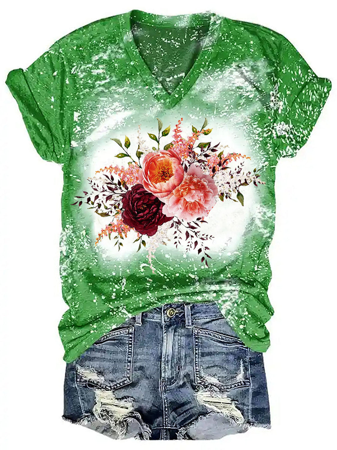 Women's V Neck Floral Print Tie Dye Casual Top