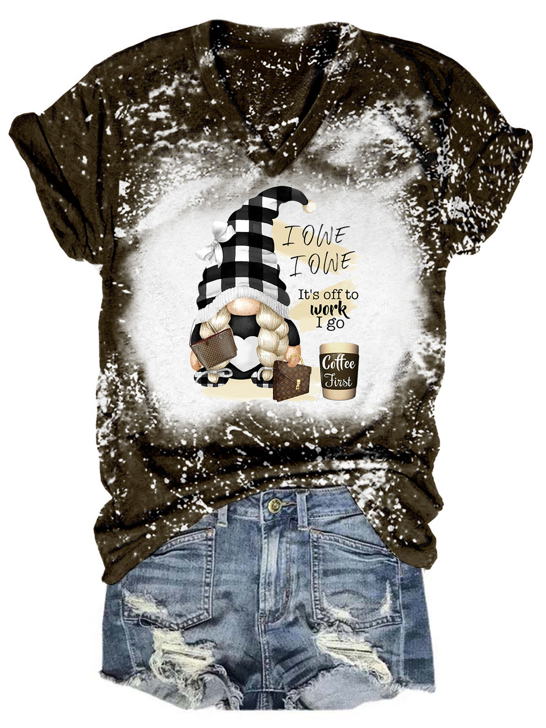 I Owe It's Off To Work  Coffee Gnome Tie Dye V Neck T-shirt