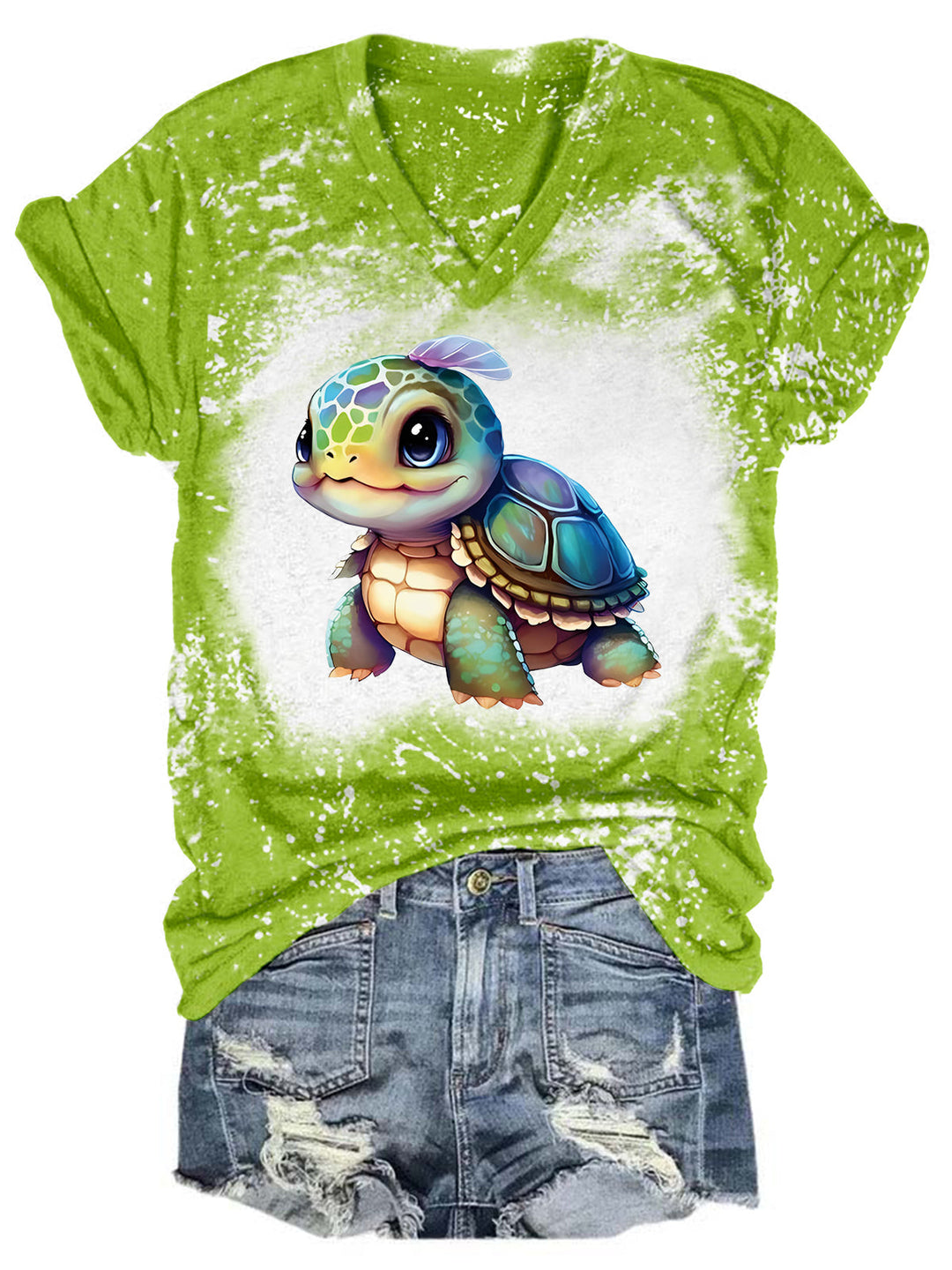 Sea Turtle Print Tie Dye V Neck T-shirt