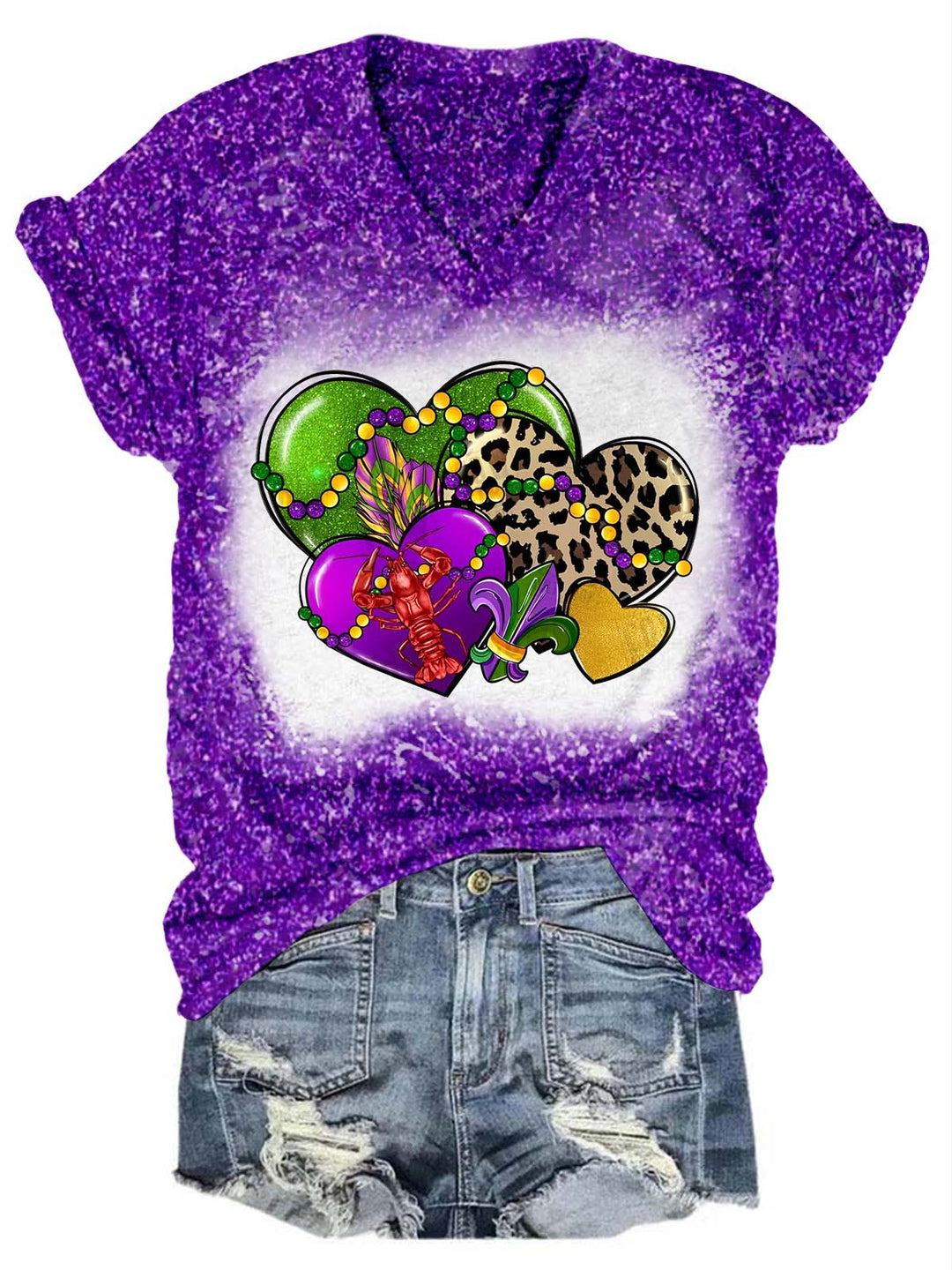 Heart Leopard Mardi Gras Glitter V-Neck T-Shirt