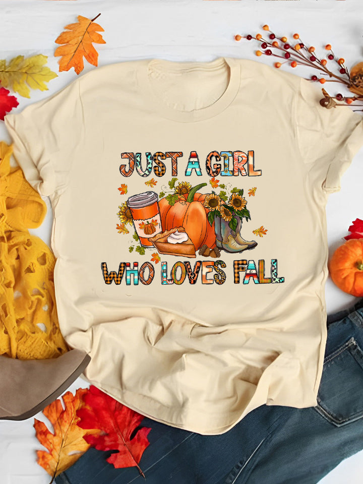 Just a Girl Who Loves Fall Pumpkin Thanksgiving Print Tee