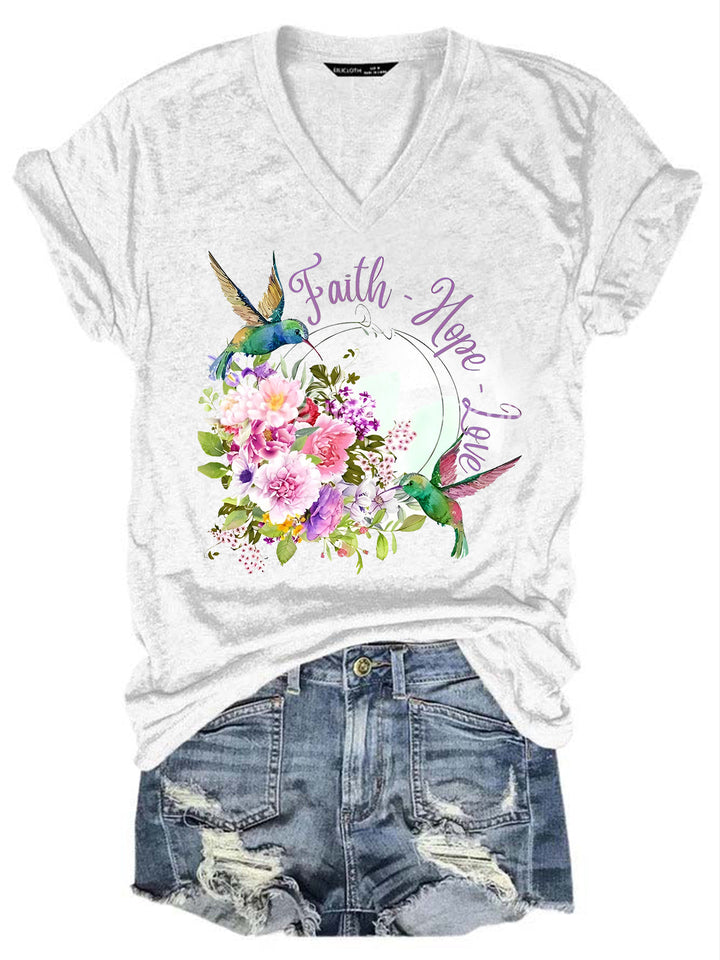 Faith Hope Love Hummingbird Flower V Neck T-Shirt