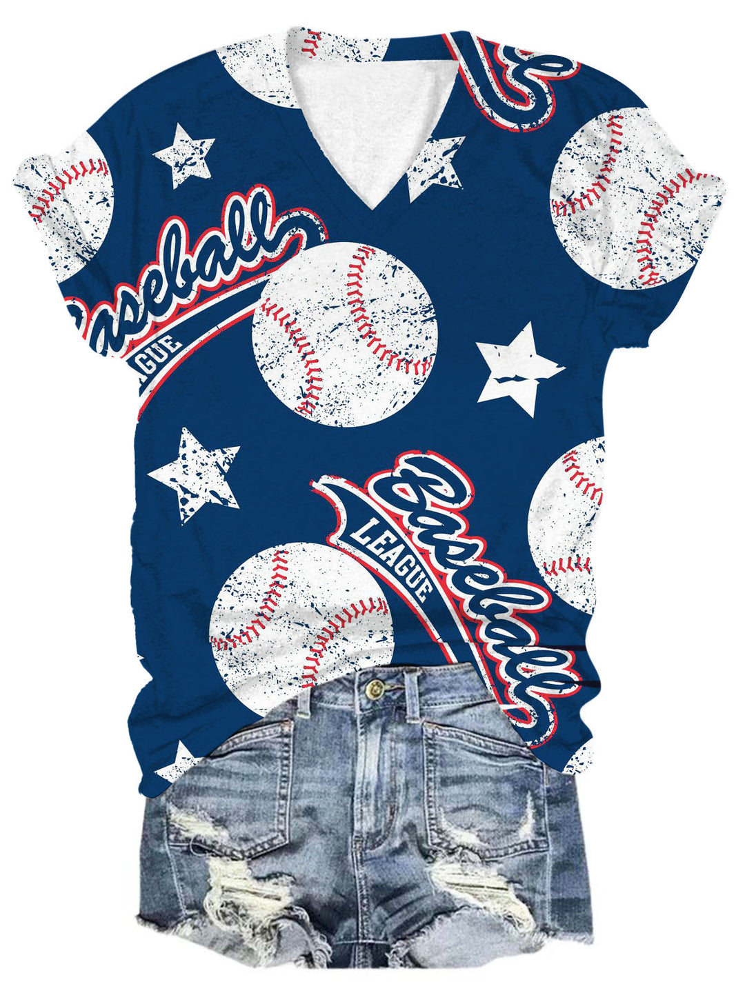 Baseball League Print V Neck T-Shirt