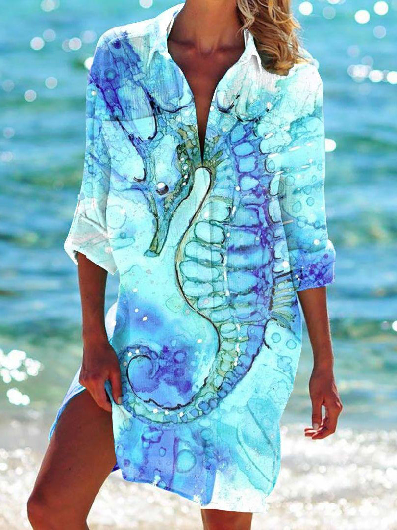 Seahorse Print Holiday Shirt Dress