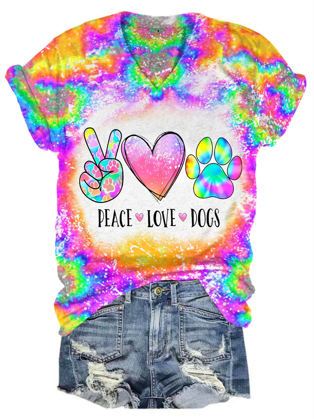 Peace Love Dogs Print Colorful V-Neck Tee
