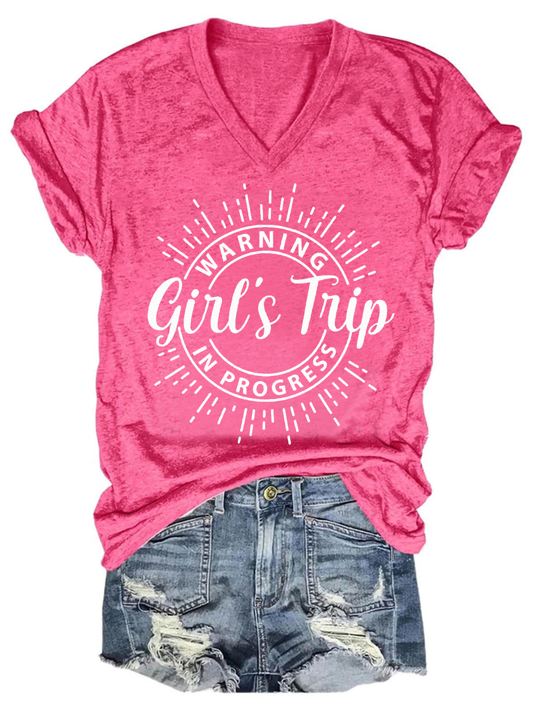 Warning Girl's Trip In Progress V Neck Cotton Blends Shirts & Tops