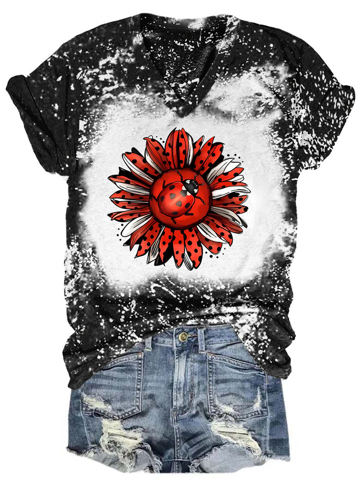 Ladybug Sunflower Bleaching V Neck T-shirt