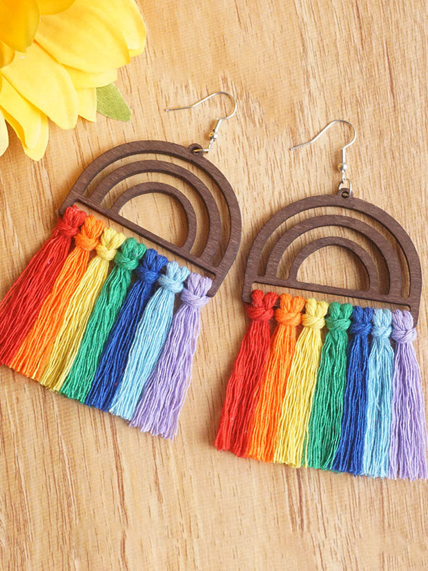 Wooden Rainbow Tassel Earrings