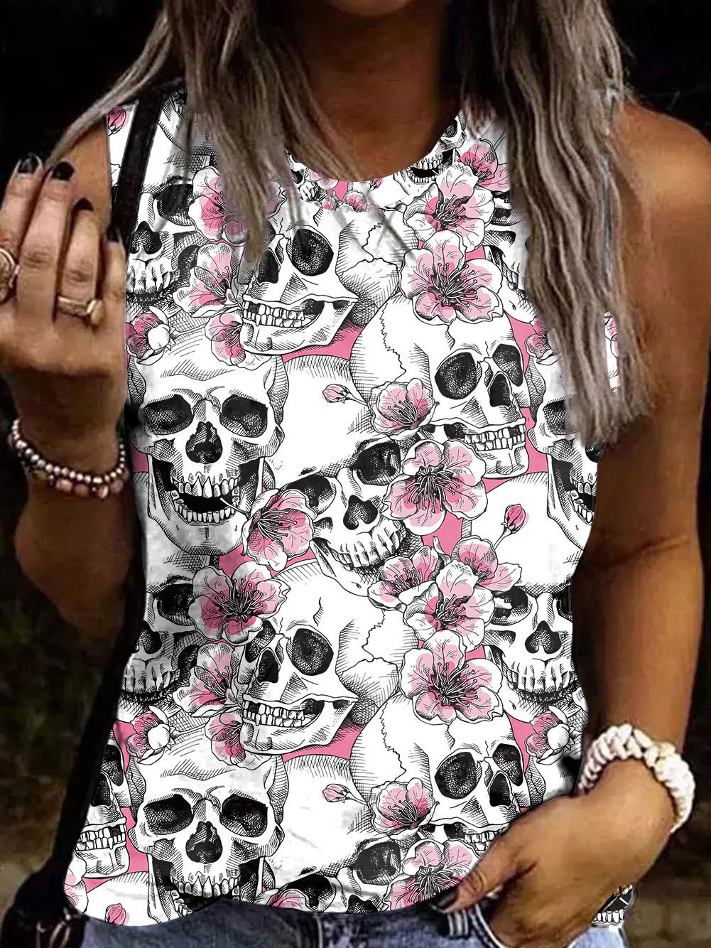 Skull Floral Print Crew Neck Tank Top