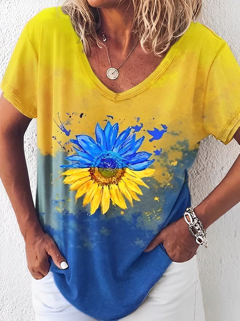 Sunflower Ombre V Neck Short Sleeve T-shirt