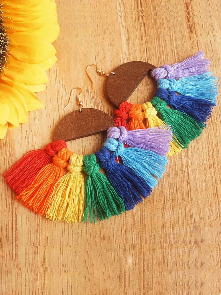 Wooden Rainbow Tassel Earrings