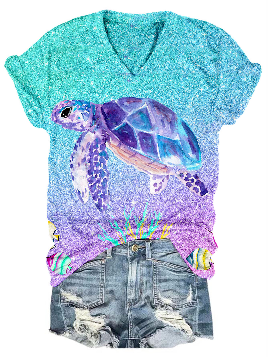 Glitter Sea Turtle Print V Neck T-shirt