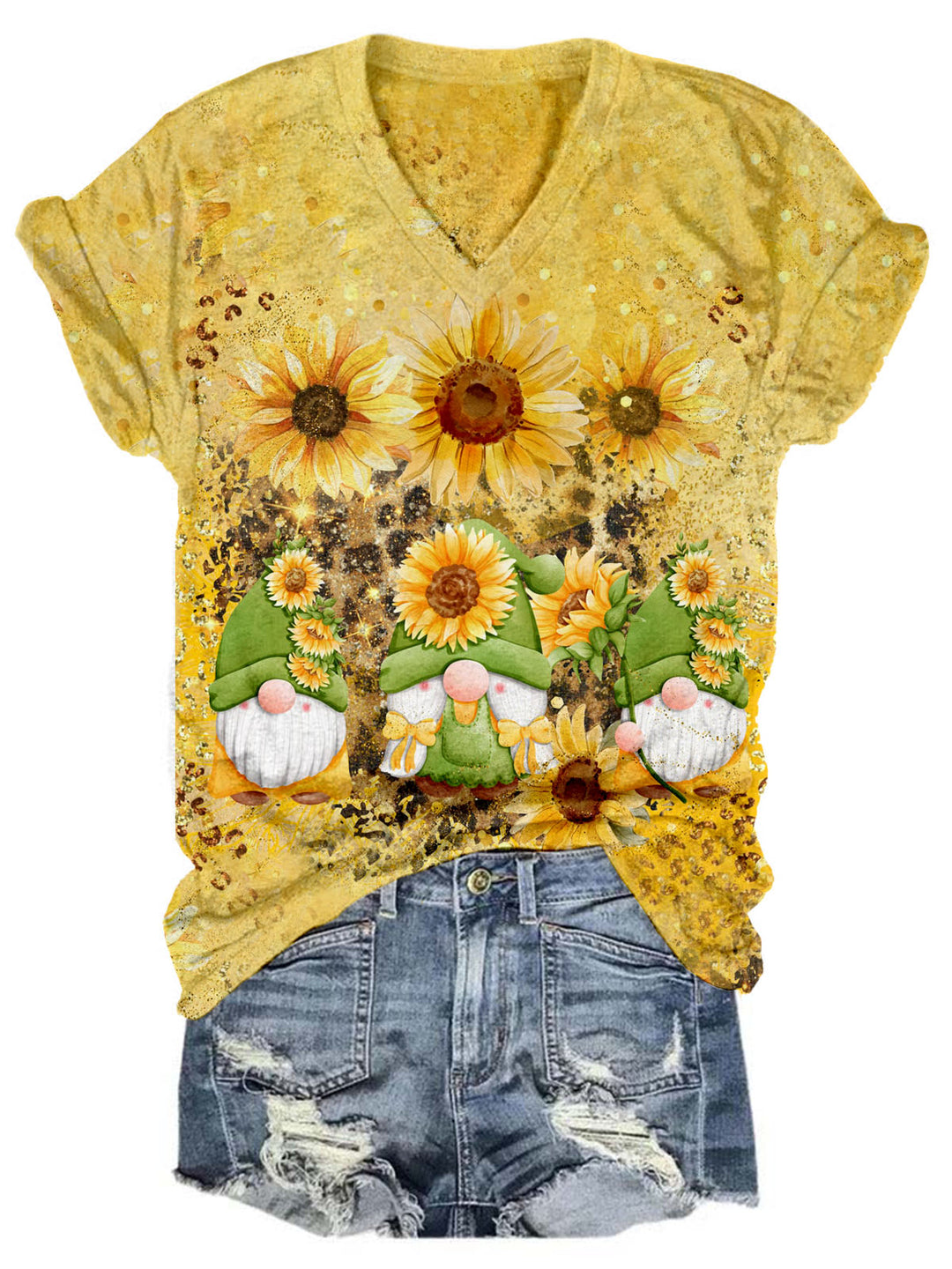 Sunflower Gnome Print V-Neck T-Shirt