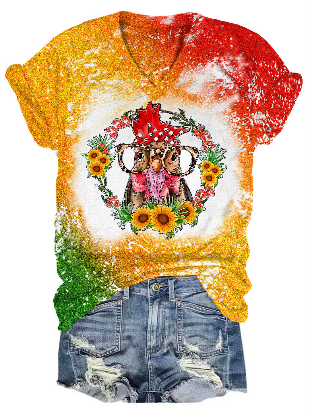 Sunflower Chicken Print V-Neck T-Shirt
