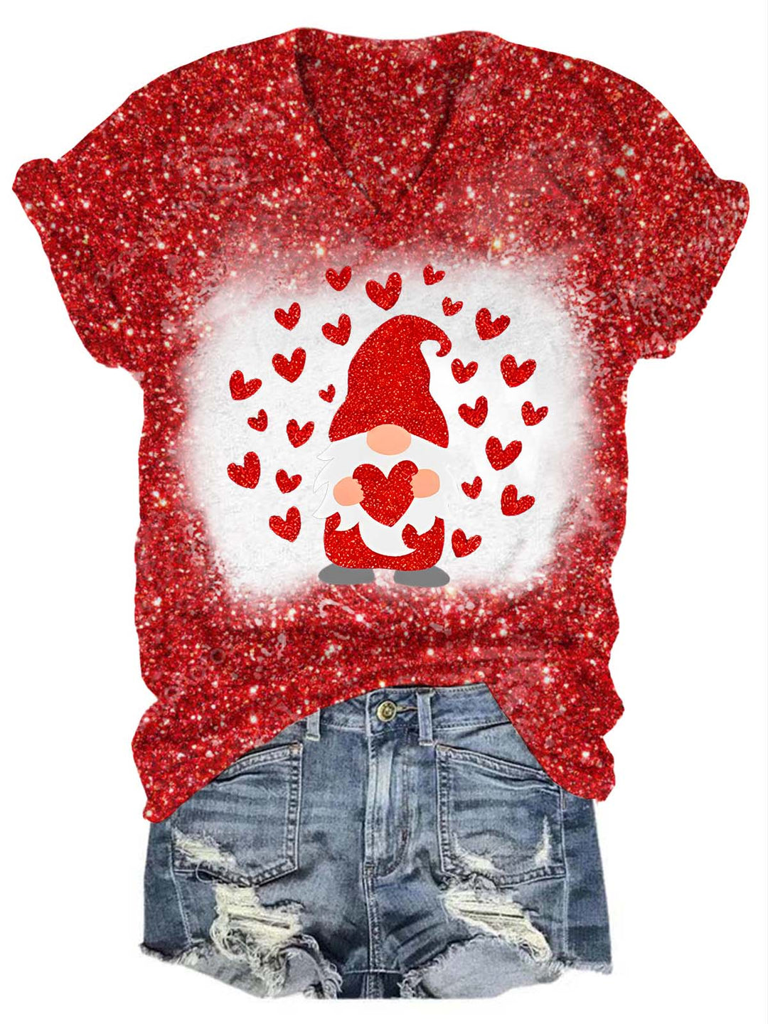 Glitter Gnome Heart V-Neck T-Shirt