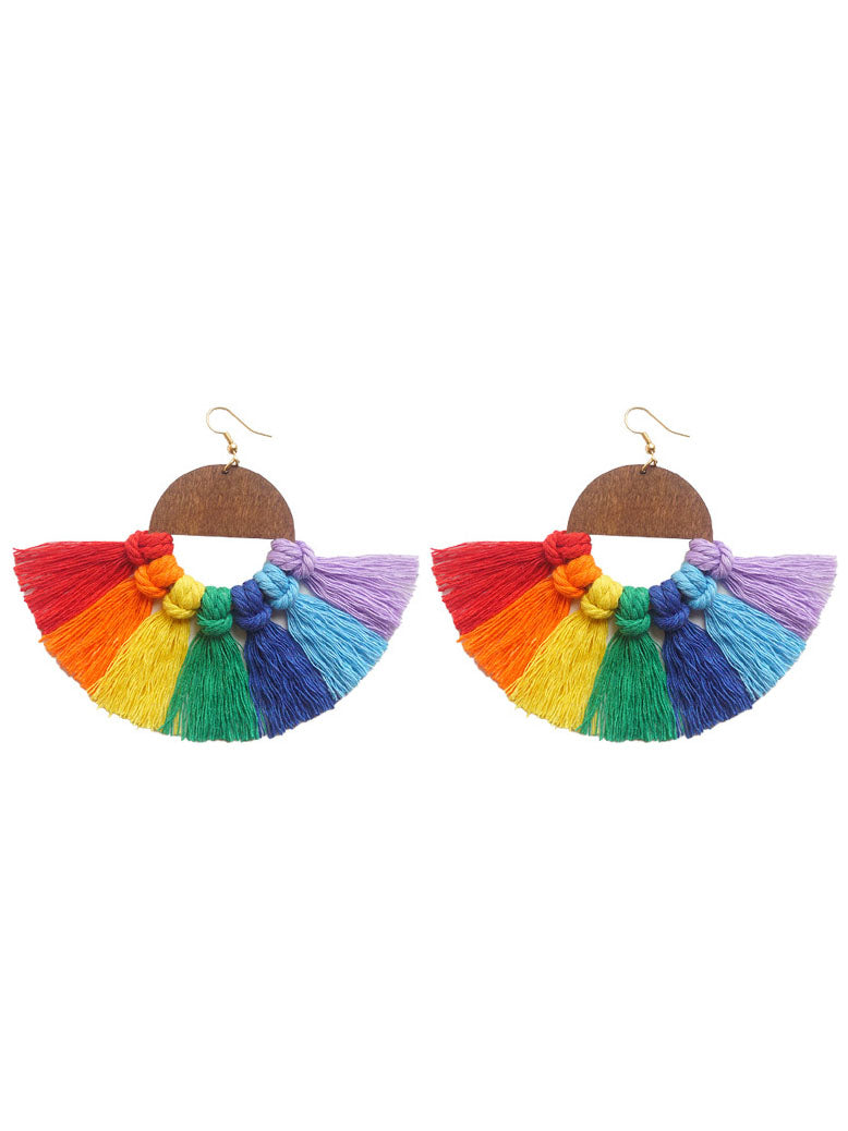 Wooden Rainbow Tassel Earrings