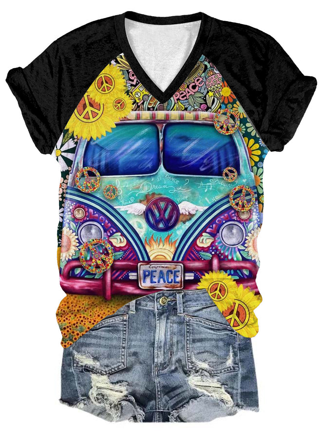 Hippie Bus Print V Neck T-Shirt