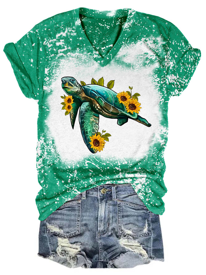 Sunflower Turtle Print Tie Dye V Neck T-shirt