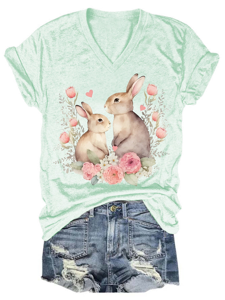 Easter Bunnies Print V Neck T-shirt