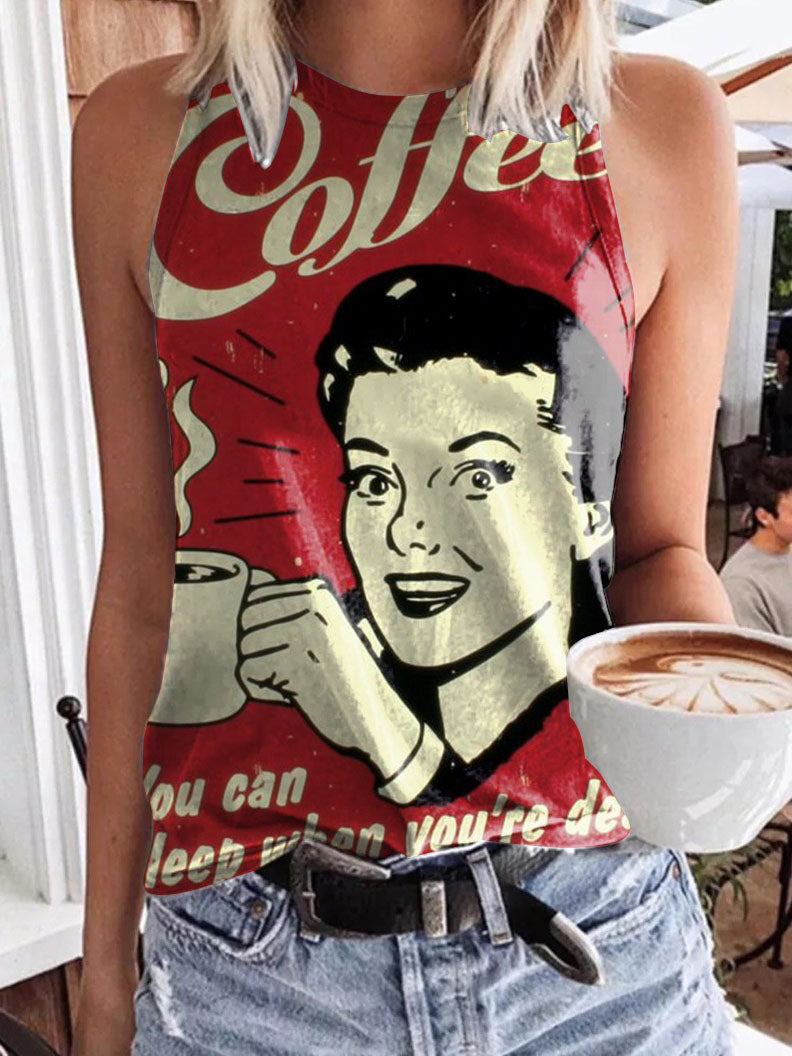 Coffee Girl Retro Print Tank Top