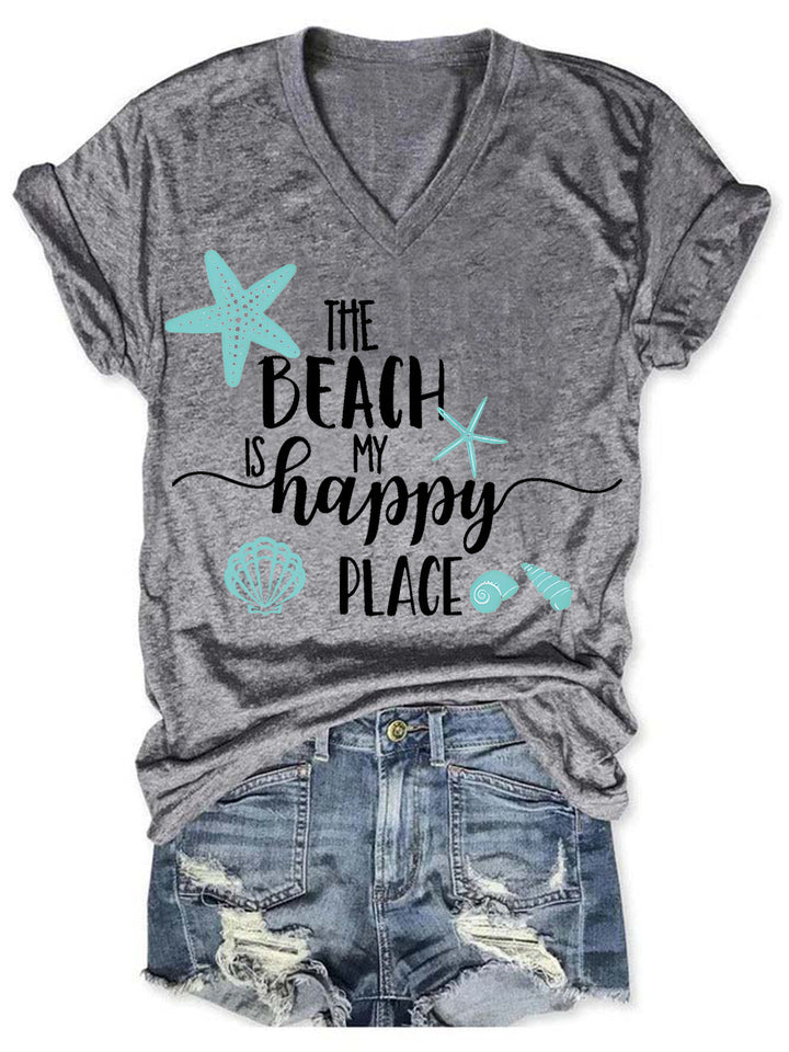 The Beach Is My Happy Place Tie Dye V Neck T-shirt