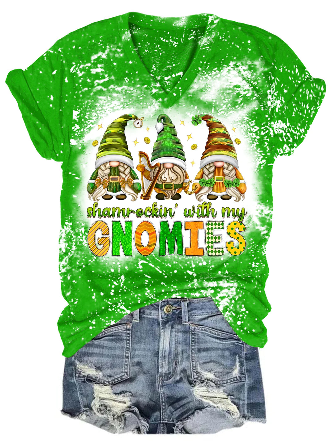 Shamrockin' With My Gnomies Saint Patrick's Bleaching V Neck T-shirt