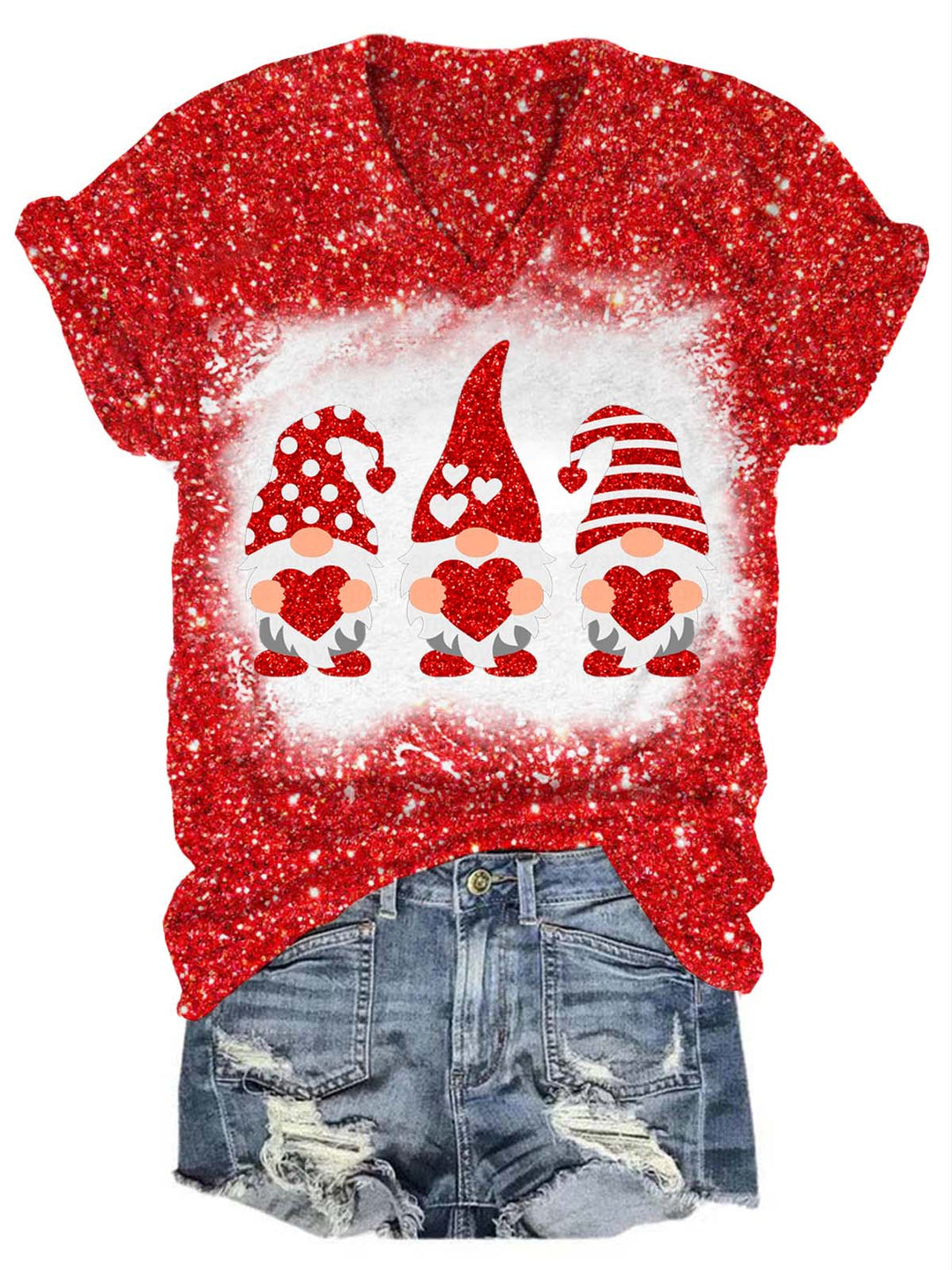 Valentine's Glitter Gnome V-Neck T-Shirt