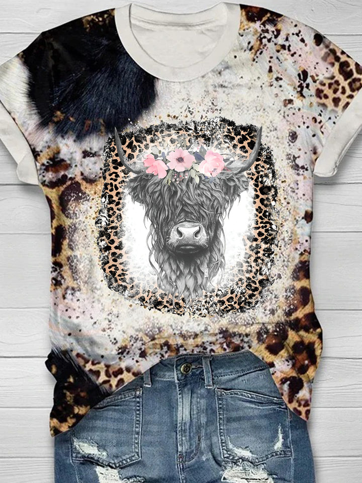 Floral Highland Cow Leopard T-shirt