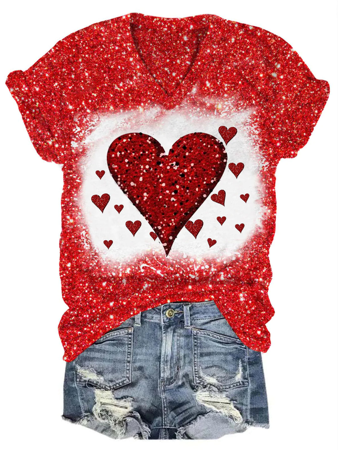 Women's Valentine's Day Heart Print Glitter T-Shirt
