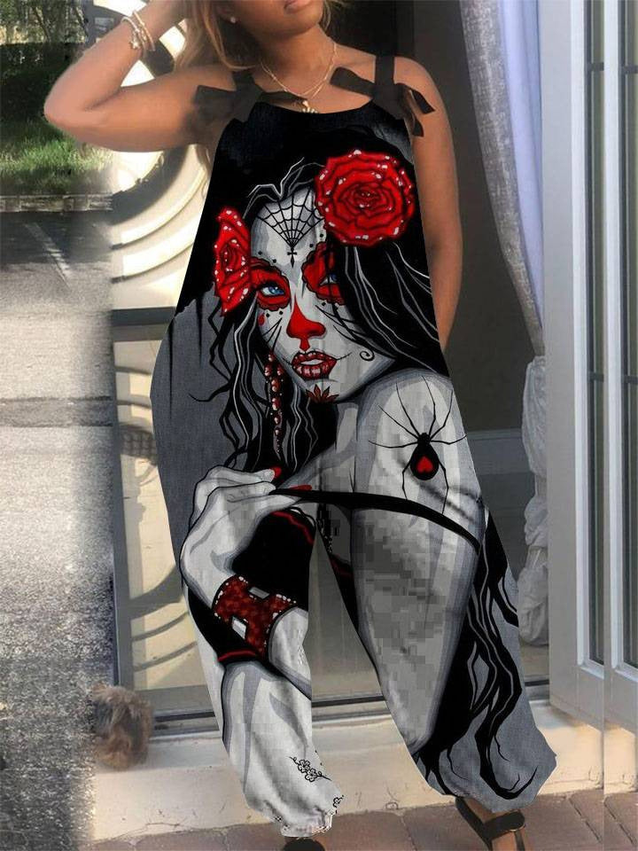 Sugar Skull Woman Print Lace Up Plus Size Jumpsuit