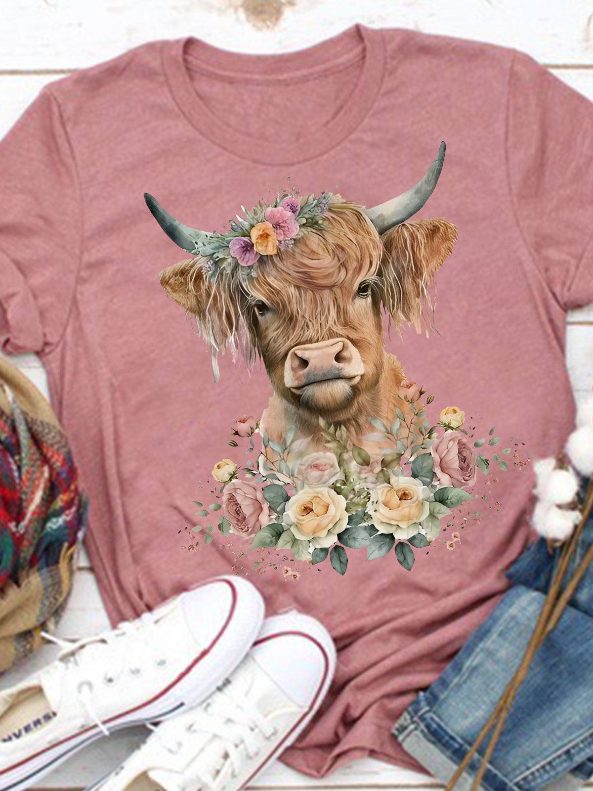 Flower Highland Cow Print T-Shirt – Wonder closets