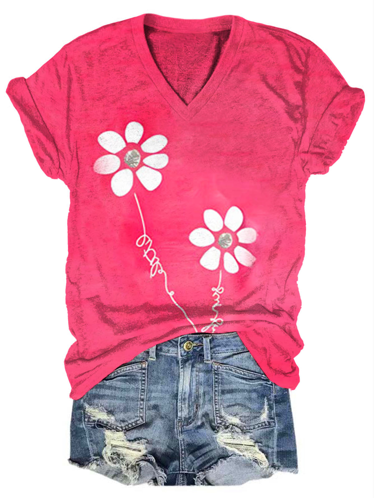 Daisy Graphic V-Neck Half Sleeve T-Shirt