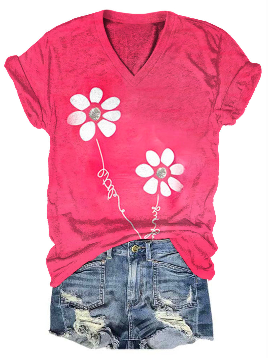 Daisy Print V Neck T-shirt