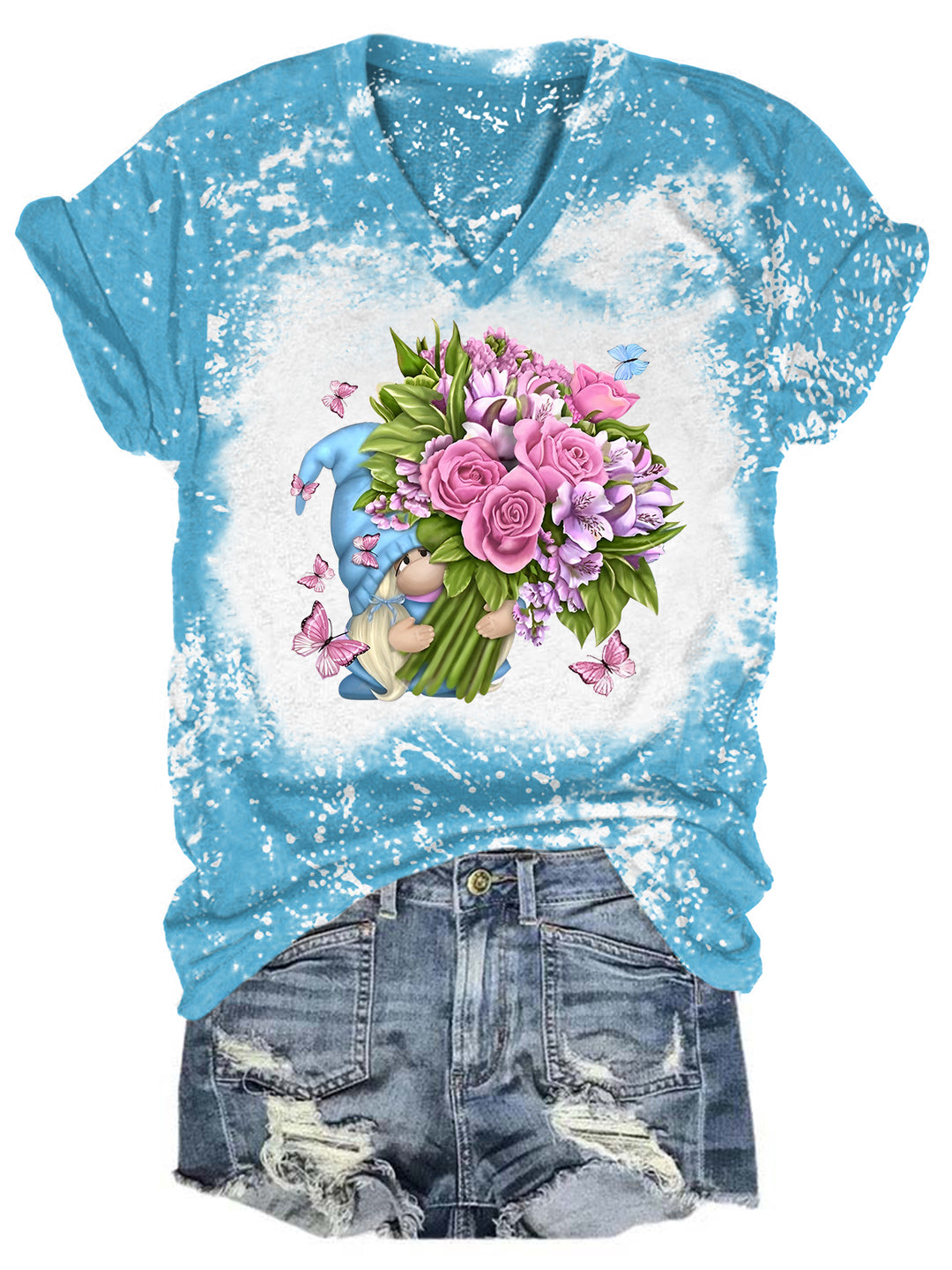 Wish You Happy Flower Butterfly Gnome Tie Dye V Neck T-shirt