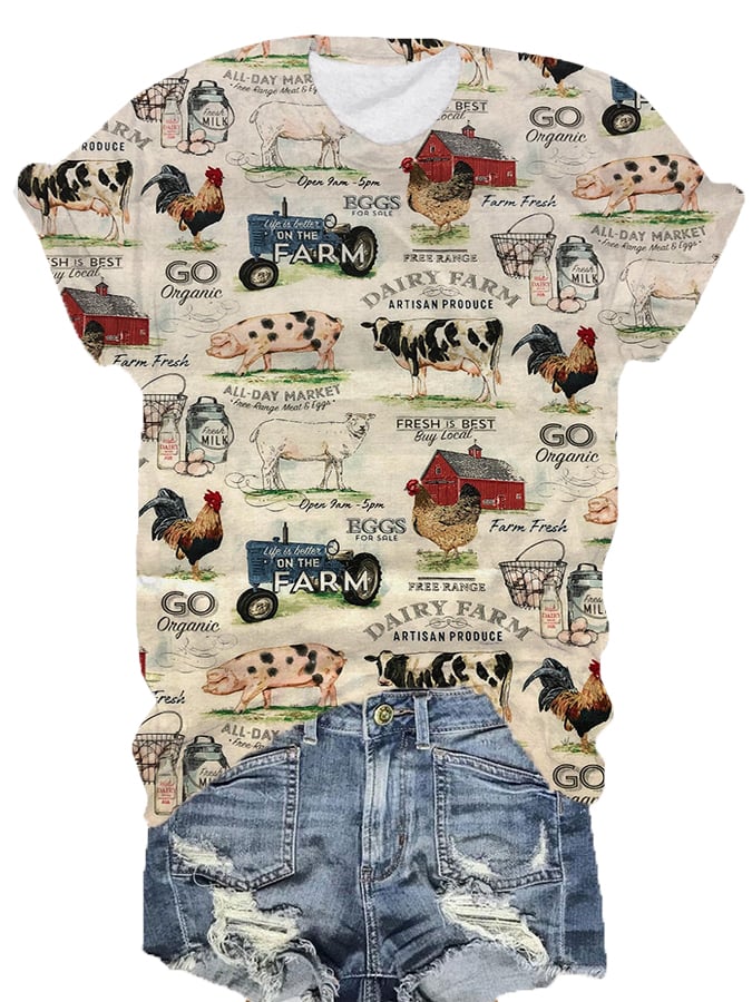 Vintage Western Farm Animal Print Crew Neck T-Shirt