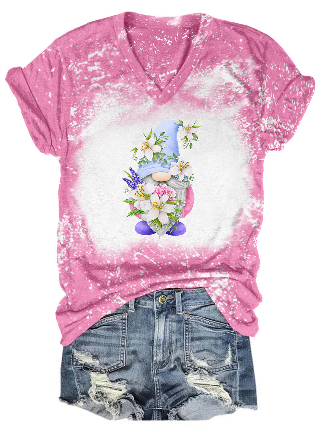 Lily Flower Gnome Tie Dye V Neck T-shirt