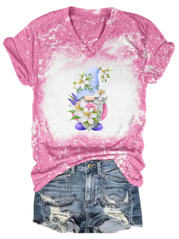 Lily Flower Gnome Tie Dye V Neck T-shirt