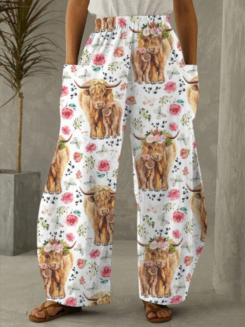 Floral Highland Cow Print Casual Pants