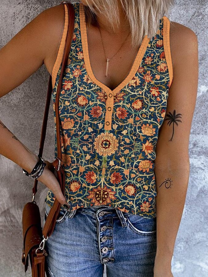 Western Ethnic Button-Up Collar Printed Tank Top