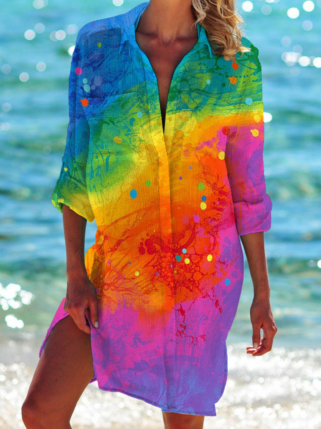 Ombre Tie-Dye Print Beach Shirt Dress