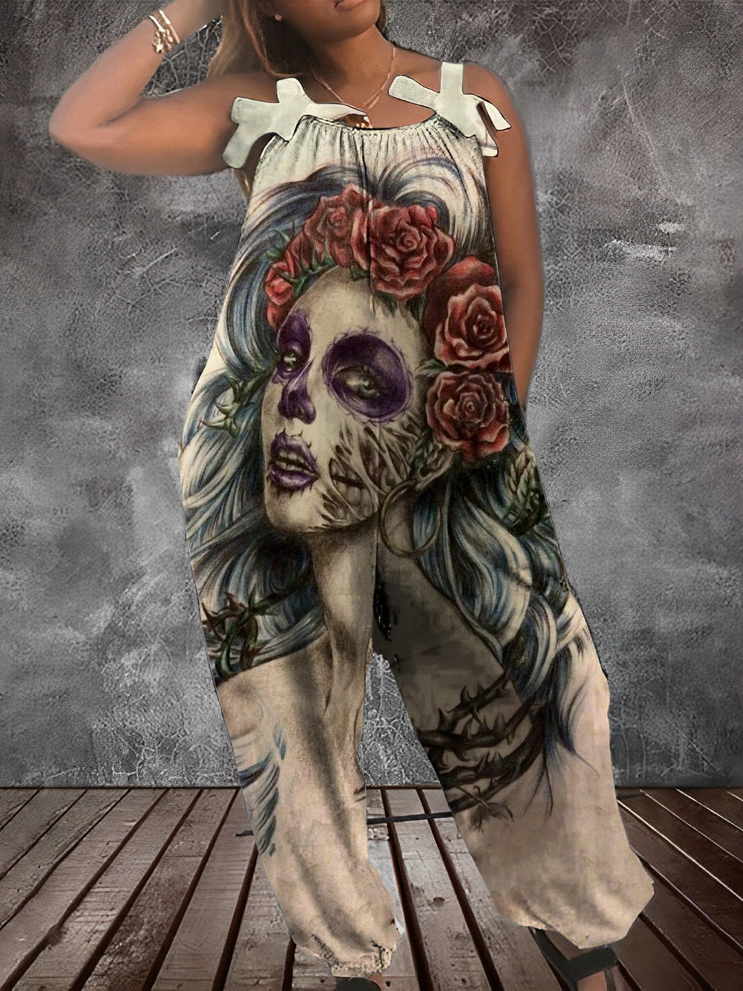 Girl Skull Rose Print Punk Jumpsuit