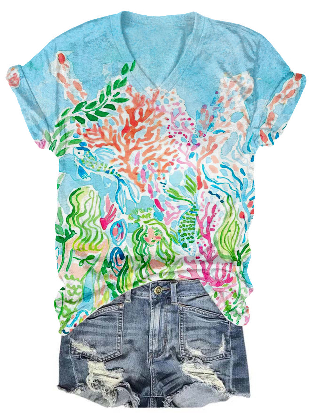 Tropical Floral Print V-neck T-shirt
