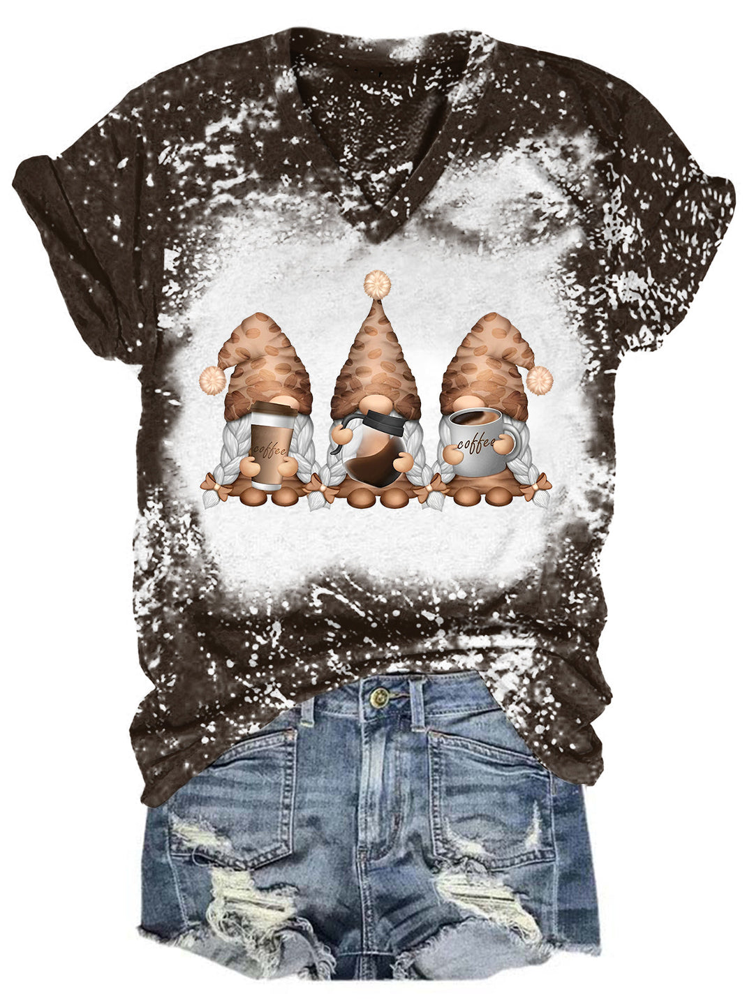 Coffee Girl Gnomes Bleaching V Neck T-shirt